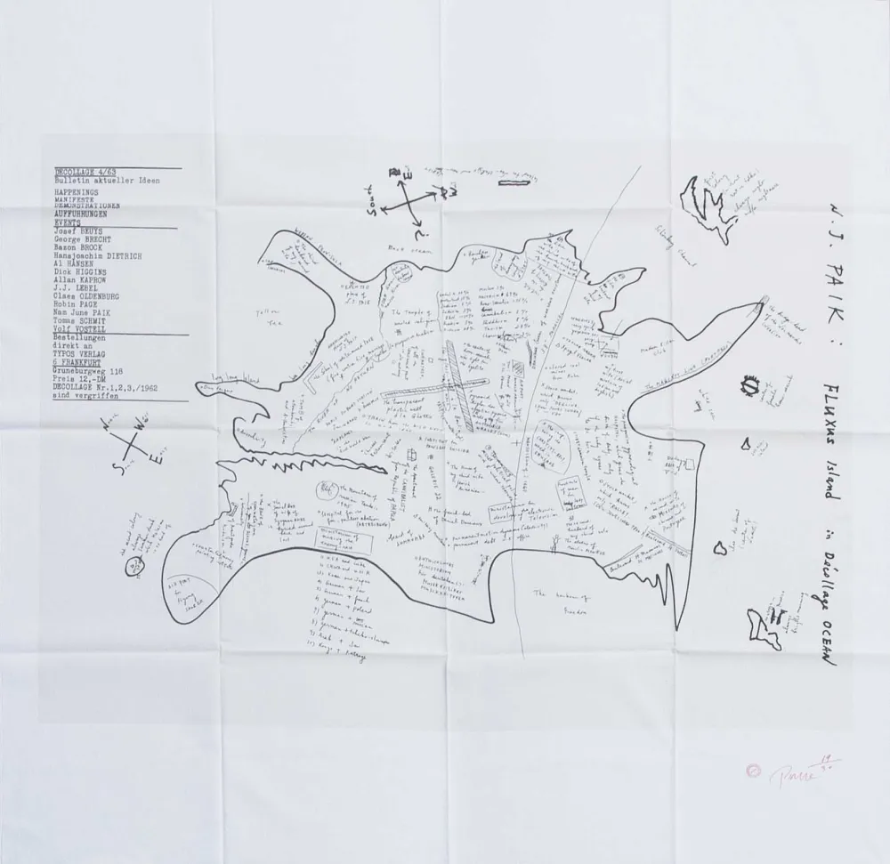 Sérigraphie Paik - FLUXUS ISLAND IN DECOLLAGE OCEAN