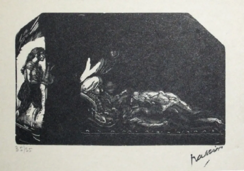 Gravure Sur Bois Pascin - Fille avec fleur et scene de Harem