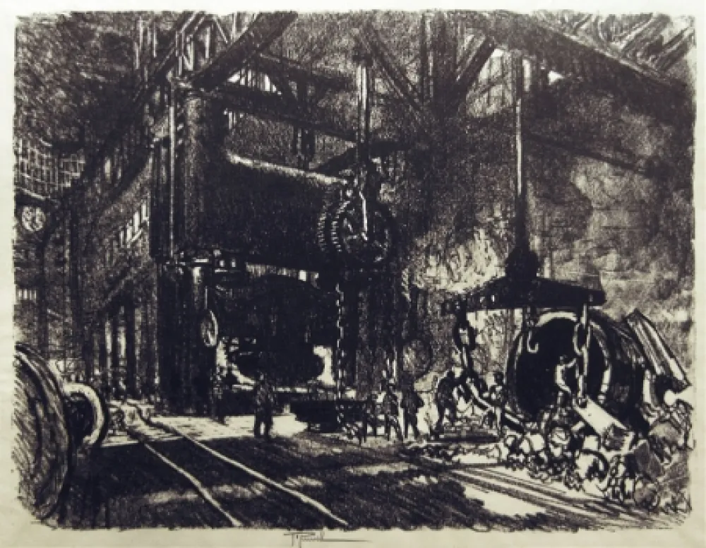 Lithographie Pennell - In the Land of Brobdingnag: The Armour Plate Bending Presses