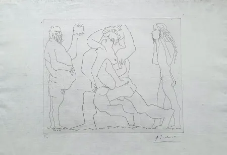 Gravure Picasso - Bacchanale au hibou et au jeune homme masqué