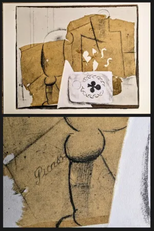 Pochoir Picasso - Botlle, Glass and Playing card, 1962 - Limited edition signed color lithograph with pochoir, 1962