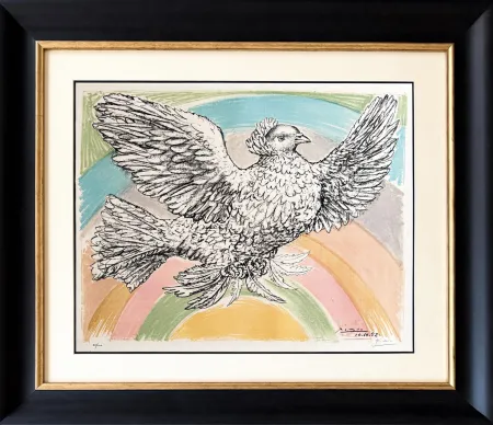 Lithographie Picasso - Colombe volant (à l'arc-en-ciel)