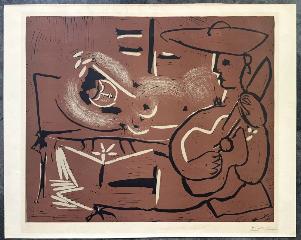 Linogravure Picasso - FEMME COUCHÉE ET GUITARISTE. Linogravure originale signée (1959)