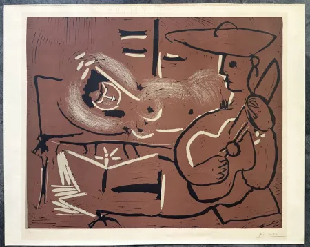 Linogravure Picasso - FEMME COUCHÉE ET GUITARISTE. Linogravure originale signée (1959)