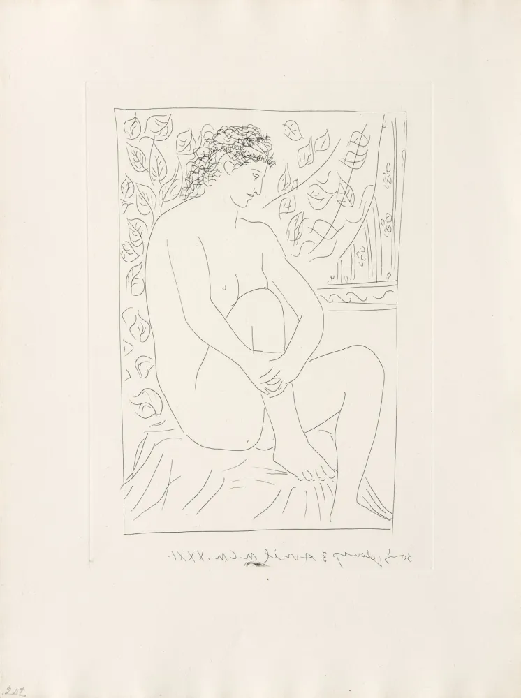Gravure Picasso - Femme nue assise devant un rideau