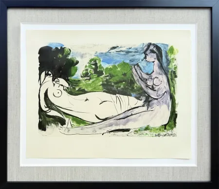 Lithographie Picasso - Femme nue couchée et joueur de flûte