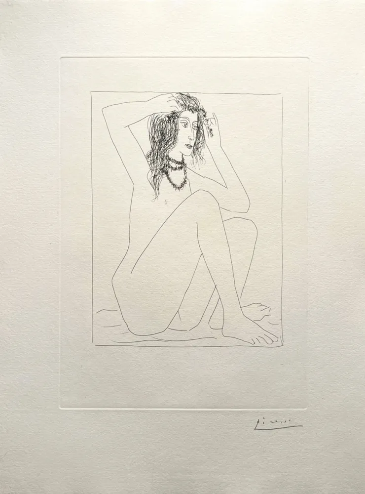 Gravure Picasso - Femme nue se couronnant de fleurs