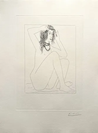Gravure Picasso - Femme nue se couronnant de fleurs