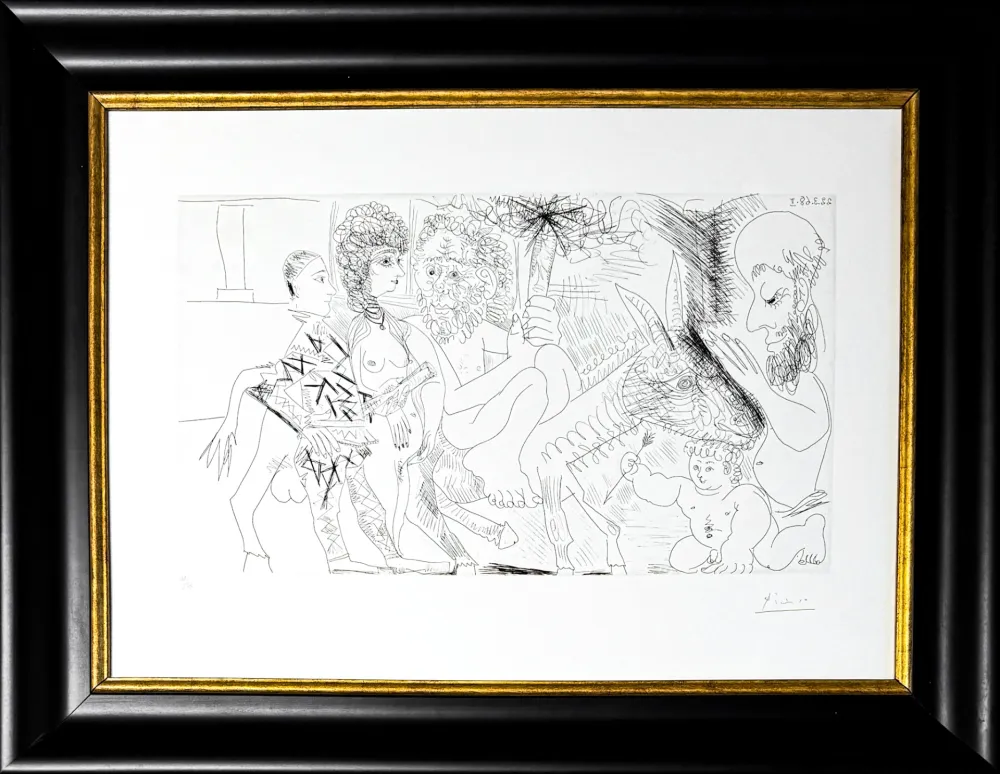 Eau-Forte Picasso - Groupe avec vieillard à la torche sur un âne amoureux, femme et arlequin