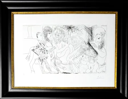 Eau-Forte Picasso - Groupe avec vieillard à la torche sur un âne amoureux, femme et arlequin