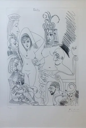 Eau-Forte Picasso - Homme barbu songeant à une scène des Mille et une nuits, avec derrière lui des ancêtres réprobateurs