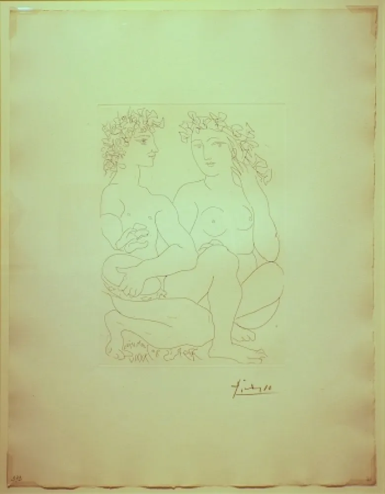 Gravure Picasso - Jeune Couple,Accroupi,l'Homme avec un tambourin