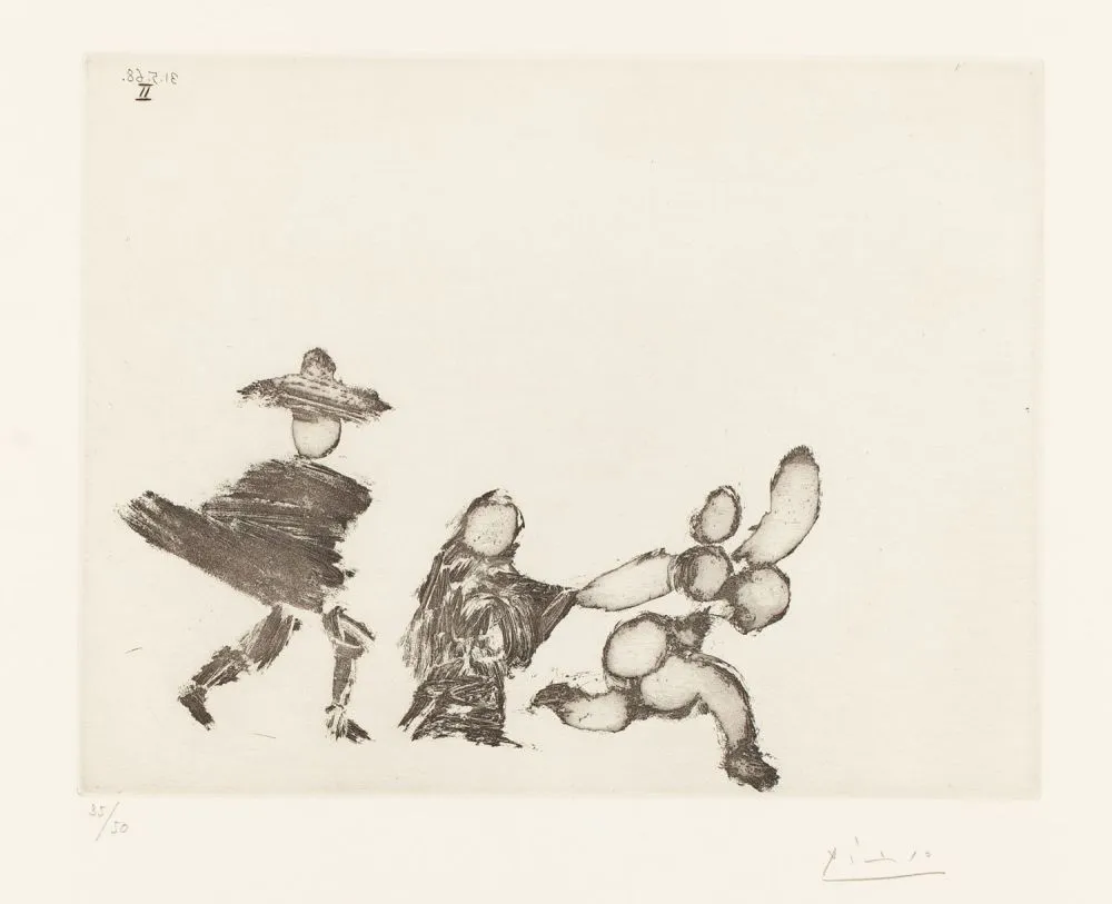 Eau-Forte Picasso - Jeune fille fuyant, avec la célestine et un jeune homme