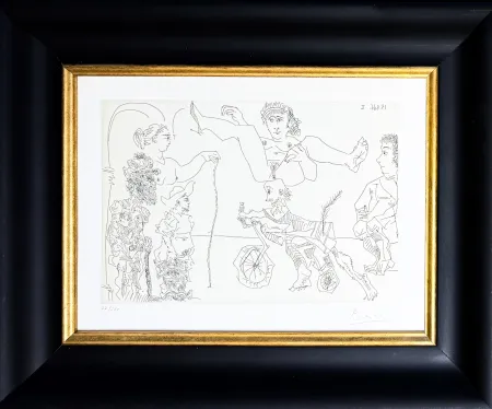 Gravure Picasso -  Le Cocu Magnifique: Femme equilib­riste enlevee par un vieillard barbu a bicyclette devant le cocu et des spectateurs