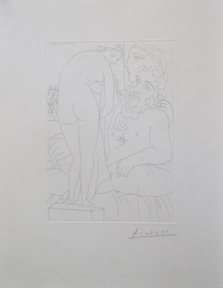 Gravure Picasso - Le repos du sculpteur devant un nu à la draperie, pl. 51 (B160 Vollard)