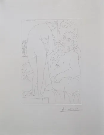 Gravure Picasso - Le repos du sculpteur devant un nu à la draperie, pl. 51 (B160 Vollard)