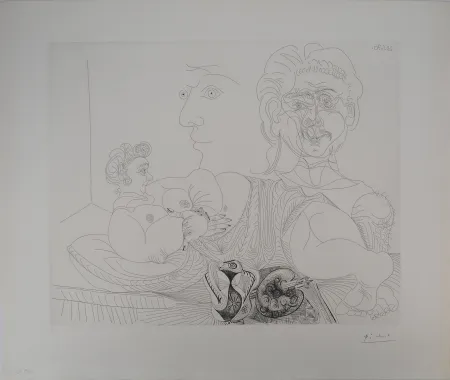 Gravure Picasso - Les 156, planche 4 : Vieux modèle pour jeune odalisque, le double regard du peintr