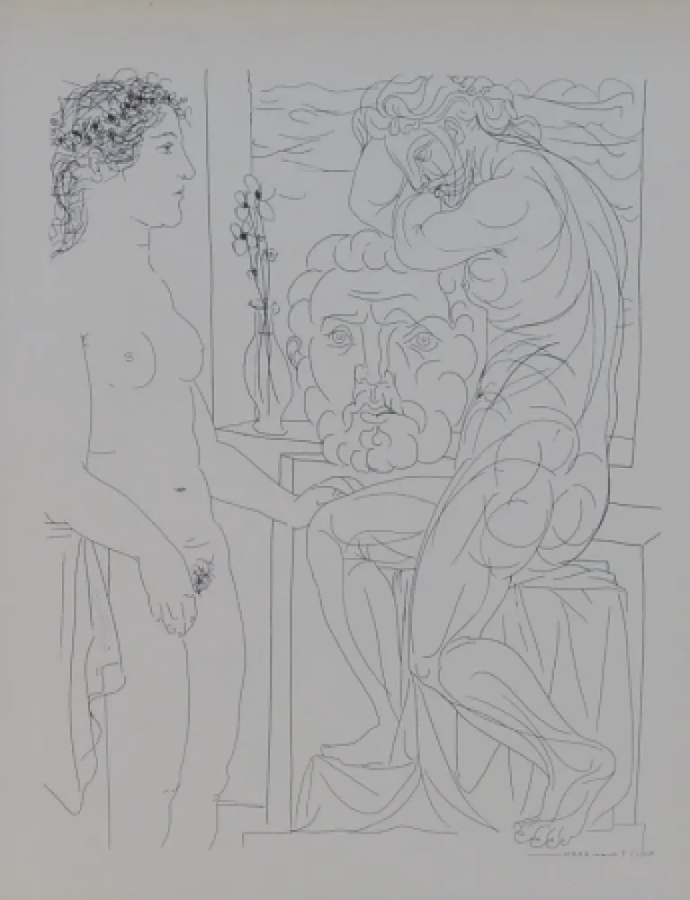 Lithographie Picasso - Modèle nu et Sculptures