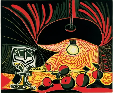 Linogravure Picasso - Nature morte au verre sous la lampe
