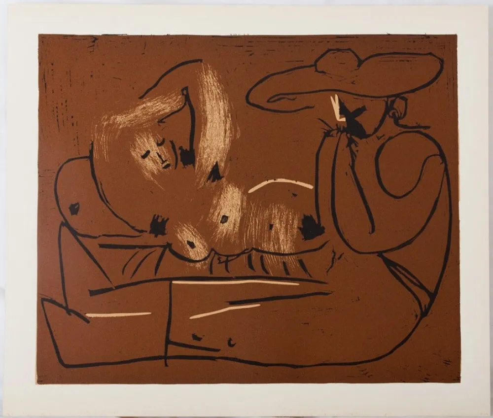 Linogravure Picasso - Nu couché et guitariste au chapeau