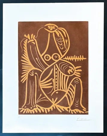 Aucune Technique Picasso - Pablo Picasso (1881–1973) - Femme Assise en Pyjama de Plage. II - Linocut in colors, on Arches paper - 1961