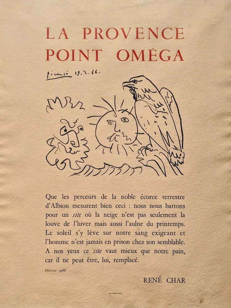 Lithographie Picasso - Pablo PICASSO (1881-1973), La Provence point Oméga, Lithograph, 1966