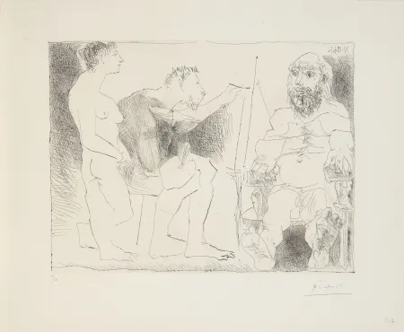 Gravure Picasso - Pablo Picasso (1881–1973)- Peintre au travail – Etching on BFK Rives paper- 1963