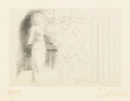 Gravure Picasso - Peintre Avec Deux Modeles Regardant une Toile