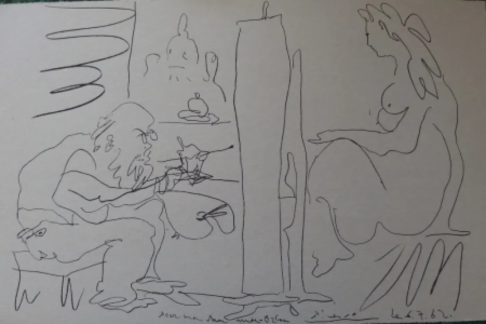 Lithographie Picasso - Peintre et modèle dans l'atelier