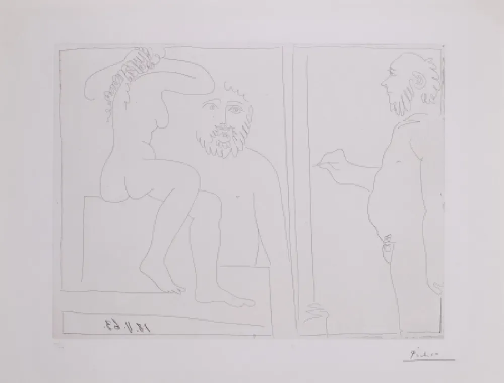 Gravure Picasso - Peintre et modele de dos, avec un spectateur