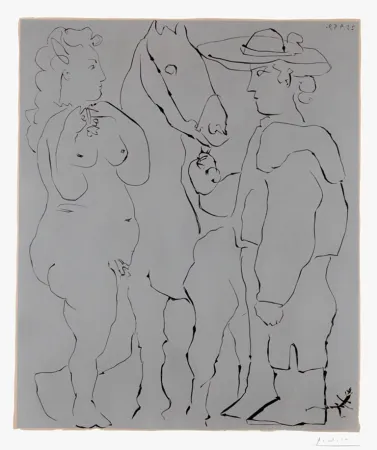 Linogravure Picasso - Picador Debout avec son Cheval et une Femme (Picador, Woman and Horse)