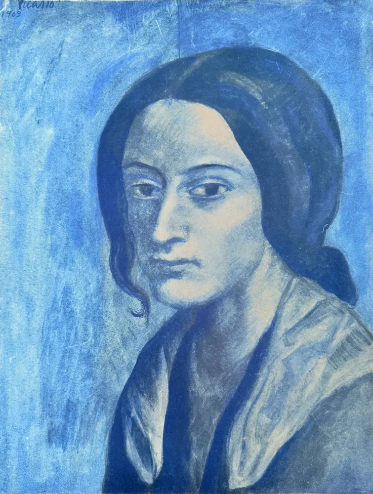 Lithographie Picasso - Portrait mélancolique d'une femme en bleu