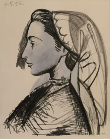 Pochoir Picasso - Portrait of Jacqueline in Profile - La flûte double
