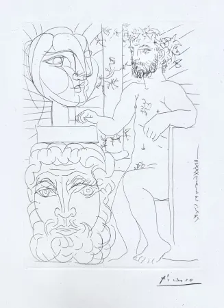 Gravure Picasso - Sculpteur et Deux Têtes sculptées