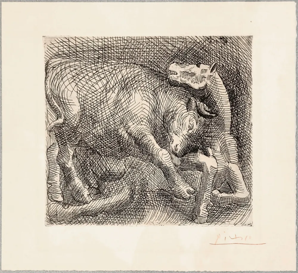 Eau-Forte Picasso - TAUREAU ATTAQUANT UN CHEVAL. Eau-forte originale signée en rouge (1921)