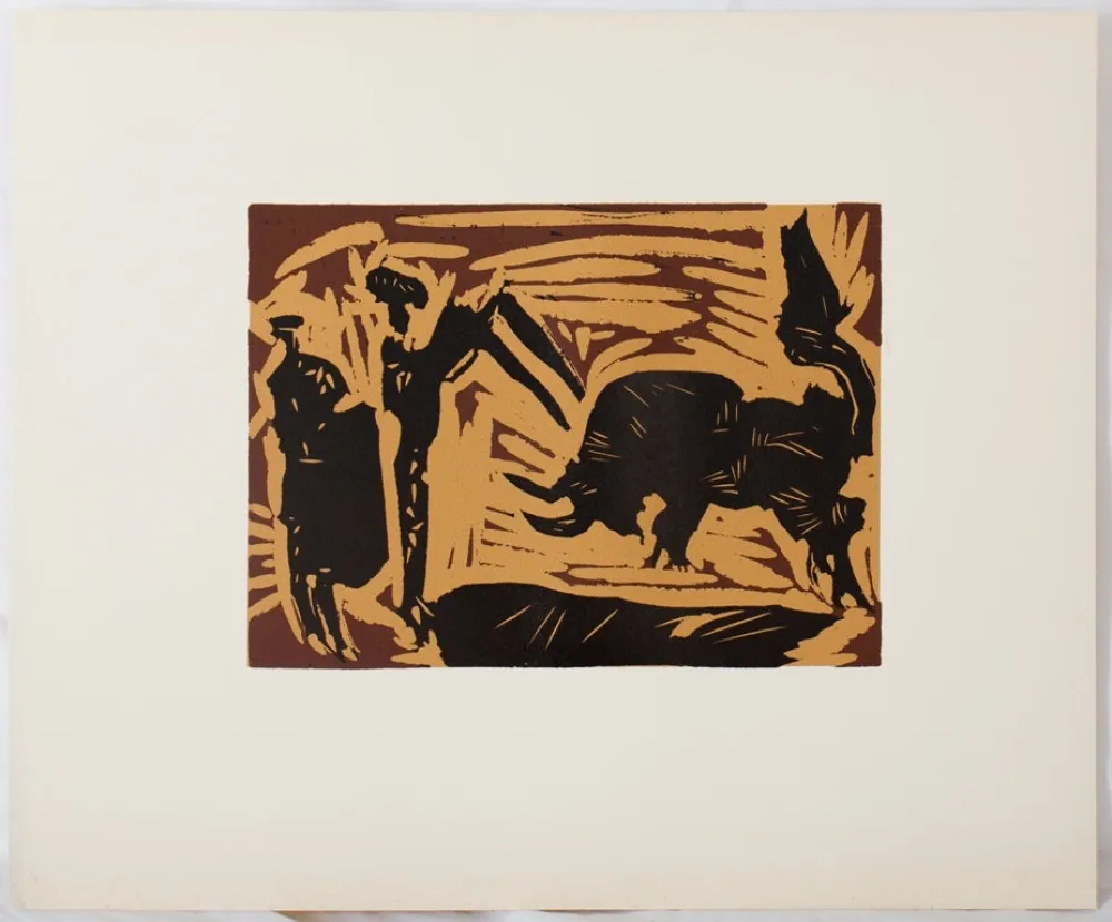 Linogravure Picasso - Taureau chargeant (les banderilles)