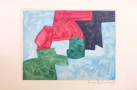 Aquatinte Poliakoff - Composition Bleu, Noire, Rouge et Verte XVIII 