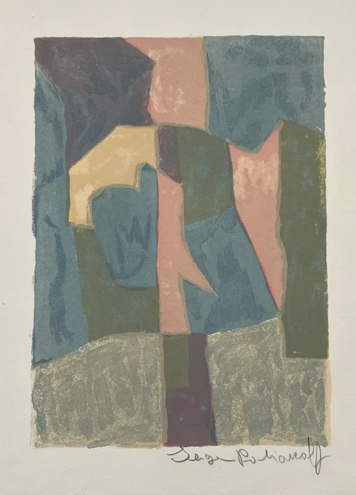 Lithographie Poliakoff - Composition bleue, rose et grise L30 
