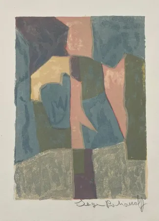 Lithographie Poliakoff - Composition bleue, rose et grise L30 