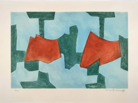 Aquatinte Poliakoff - Composition bleue, verte et rouge XXXIV 
