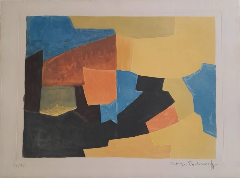 Aquatinte Poliakoff - Composition noire, jaune, bleue et rouge XXX 