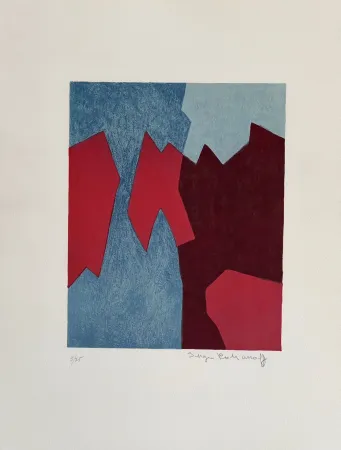 Lithographie Poliakoff - Composition rouge et bleue L68 
