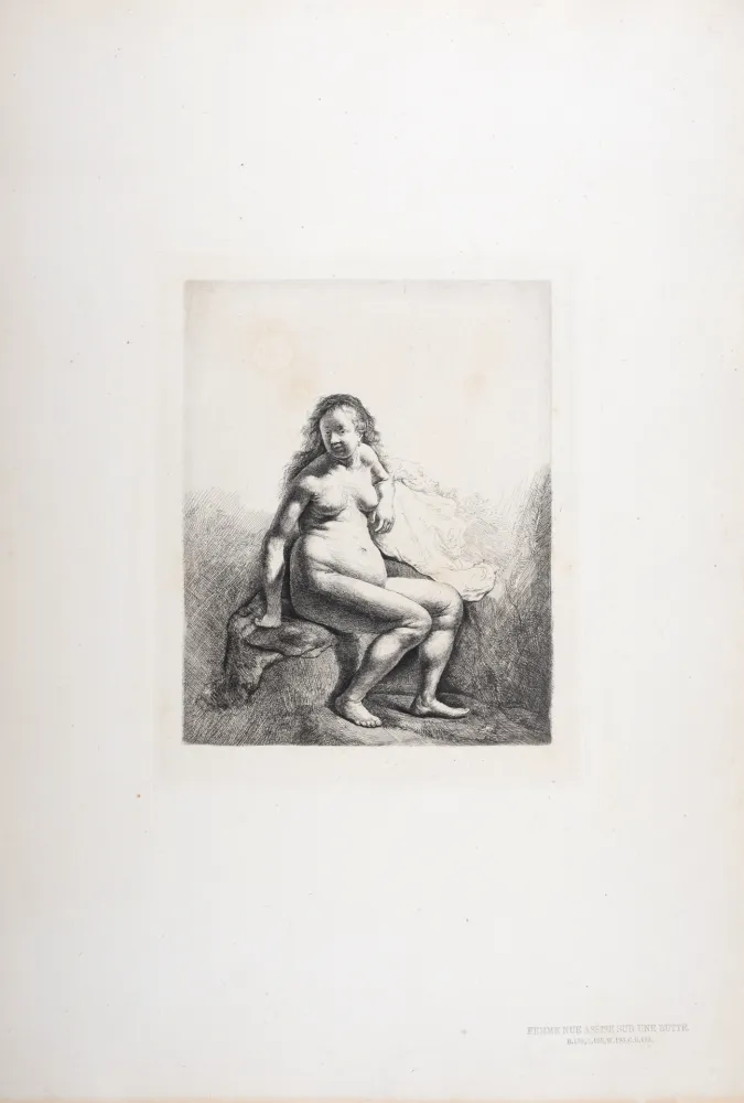 Héliogravure Rembrandt - Femme nue assise sur une butte