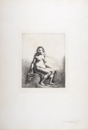 Héliogravure Rembrandt - Femme nue assise sur une butte