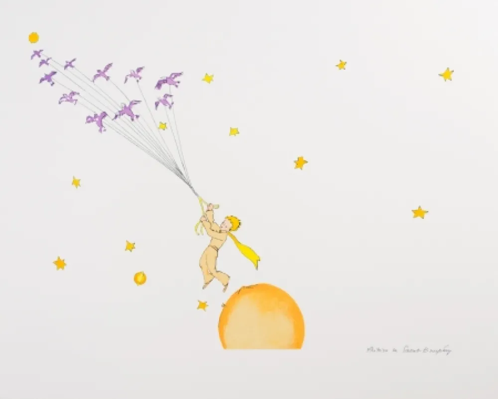 Lithographie Saint-Exupéry - Le Petit Prince en route vers une autre planète
