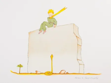Lithographie Saint-Exupéry - Le Petit Prince et le serpent au pied du mur