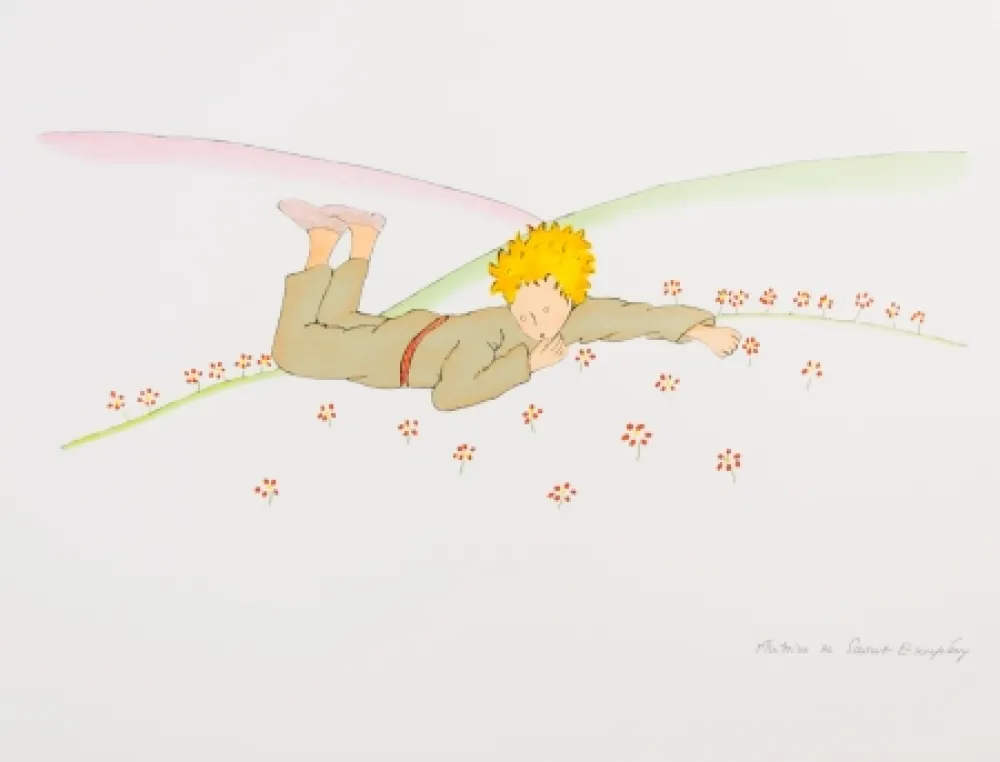 Lithographie Saint-Exupéry - Le Petit Prince parmi les fleurs