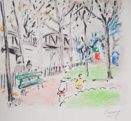 Lithographie Savary - Paris, Parc près du métro aérien