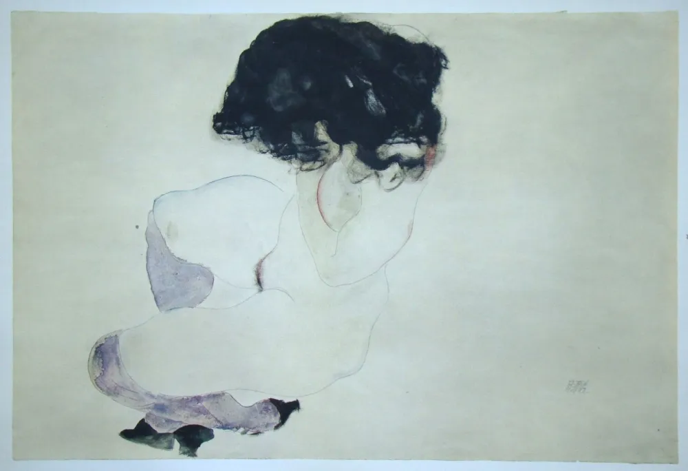 Sérigraphie Schiele (After) - Weiblicher Akt mit violetten Strümpfen