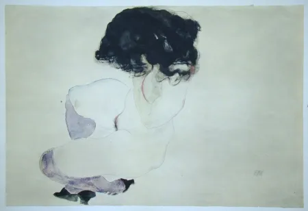 Sérigraphie Schiele (After) - Weiblicher Akt mit violetten Strümpfen